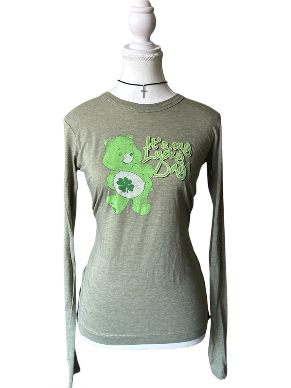 Y2K “Takecover” Military Green Care Bears Lucky Long Sleeve Graphic Top